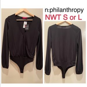 NWT (S) n:philanthropy black Dean bodysuit drape wrap thong v neck long sleeves